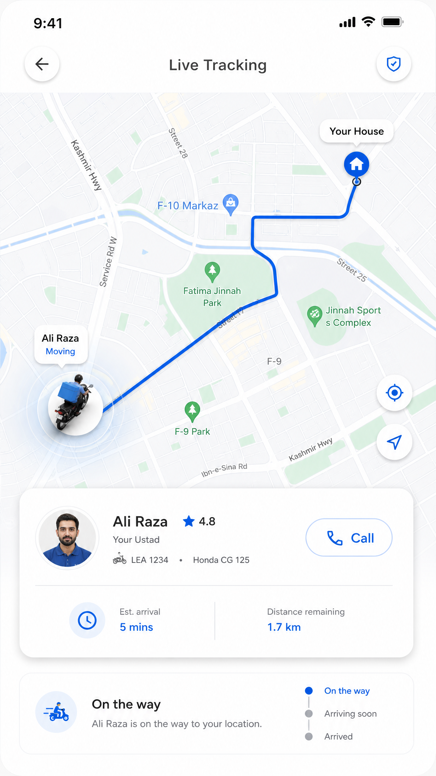 Live tracking screen