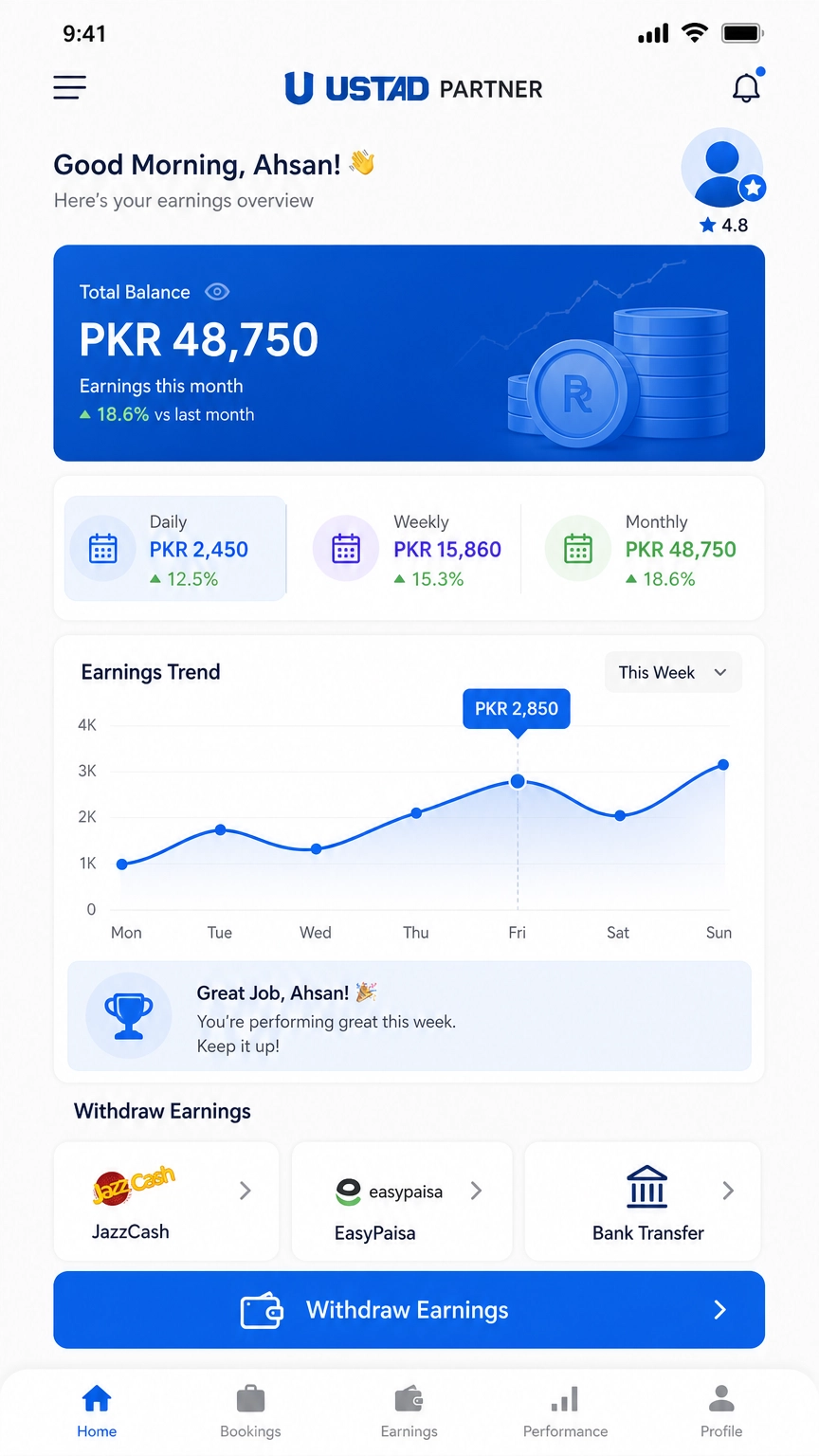 Earnings screen
